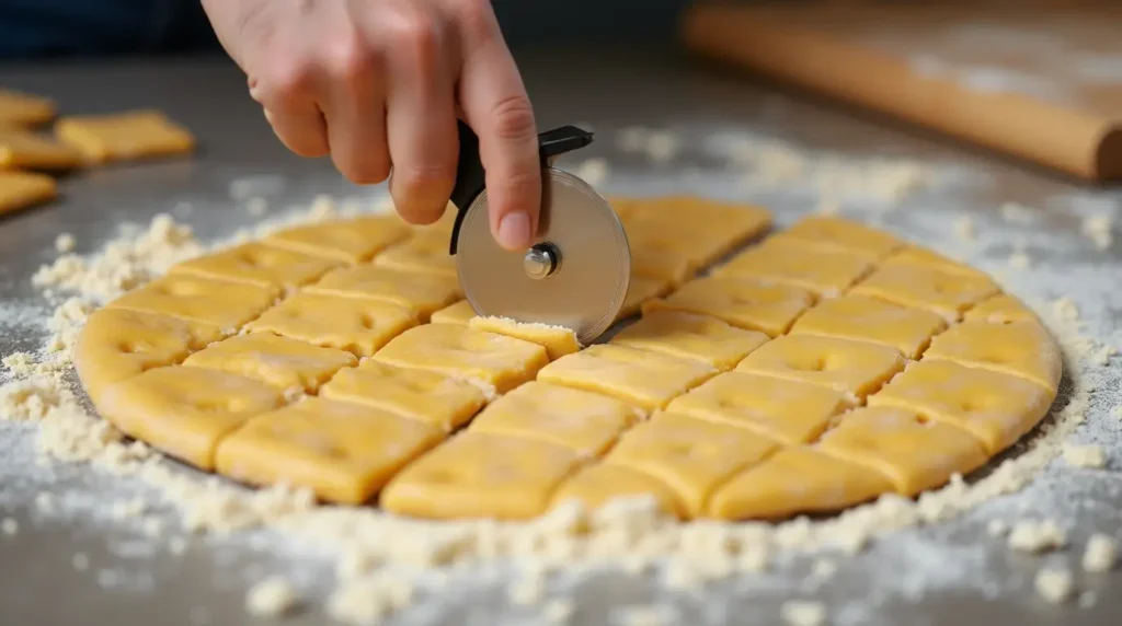 A sharp pizza cutter cutting dough into uniform squares