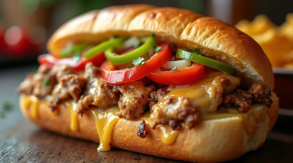 Chicken Philly cheesesteak with melted cheese