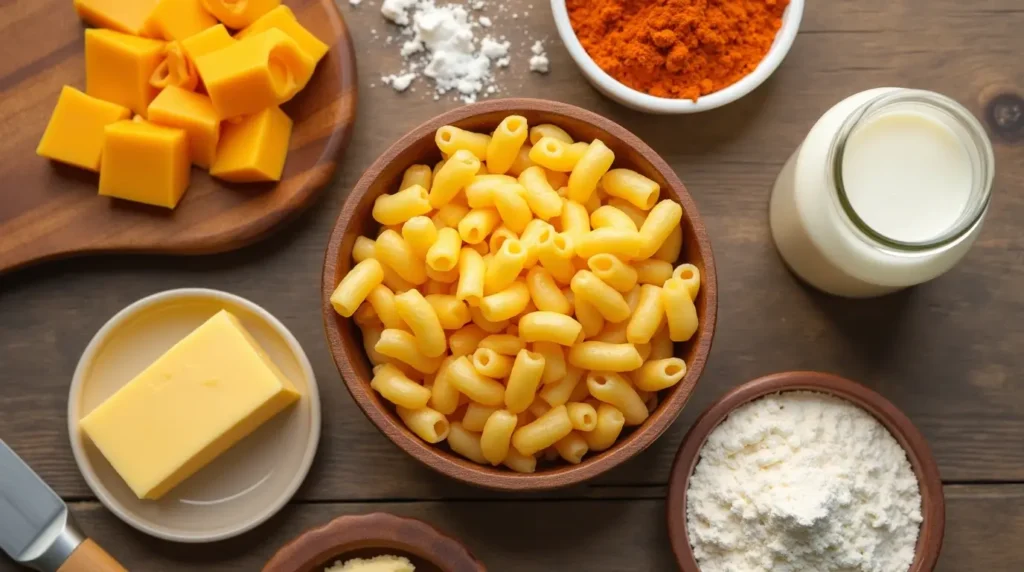 Sharp cheddar cheese, elbow macaroni, butter, and other essential ingredients