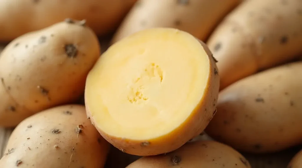 A fresh white sweet potato with a peeled section