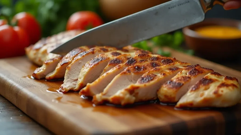 Grilled boneless chicken breasts being sliced