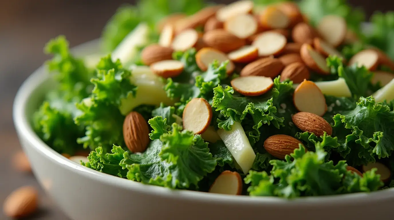 Fresh homemade kale salad with almonds and apple