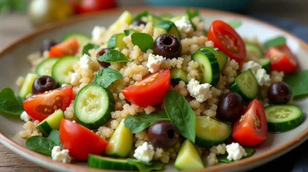 A fresh Mediterranean quinoa bowl with cucumber