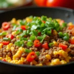 breakfast featuring scrambled eggs and seasoned ground beef