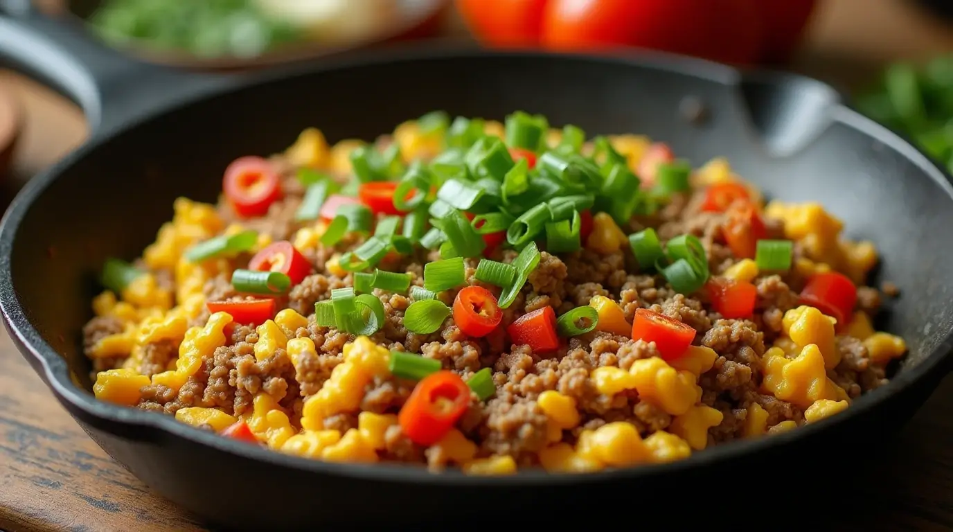 breakfast featuring scrambled eggs and seasoned ground beef