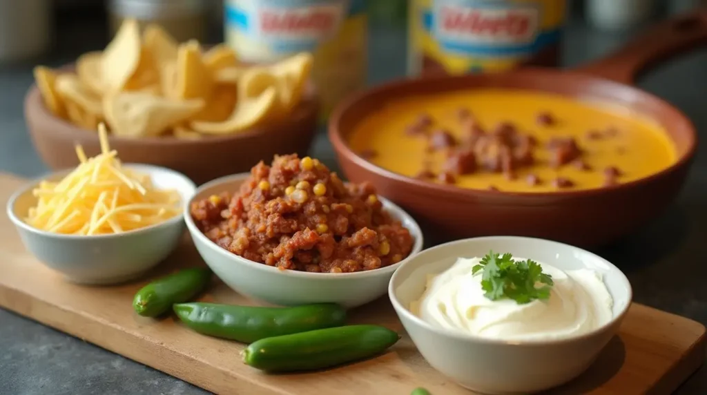 Velveeta cheese, cream cheese, canned chili, shredded cheddar