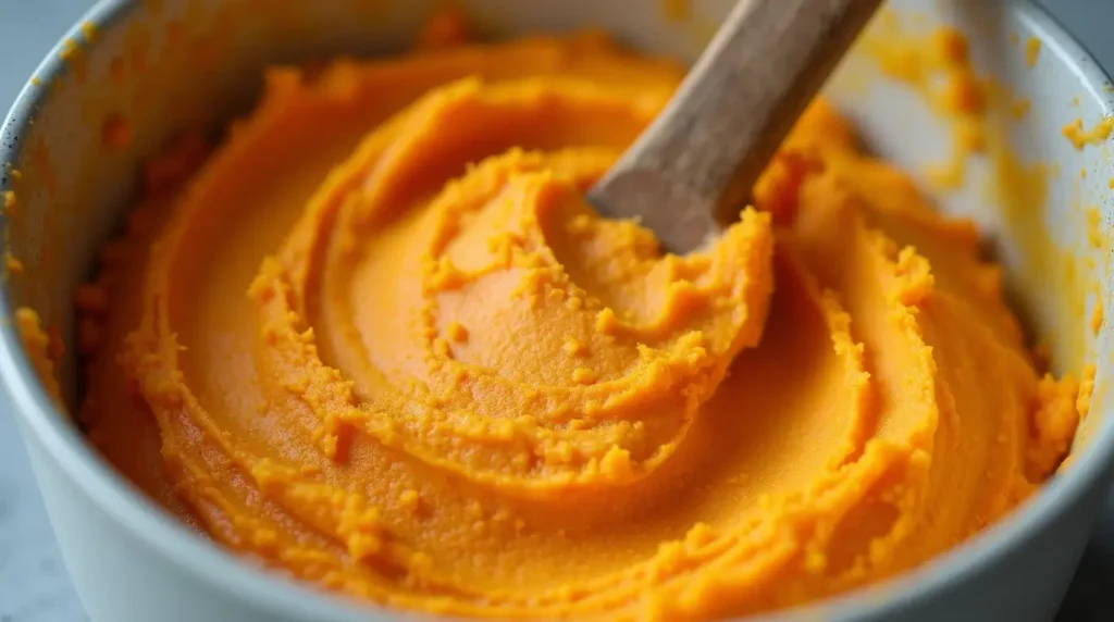 Close-up of mashed sweet potatoes being mixed in a bowl