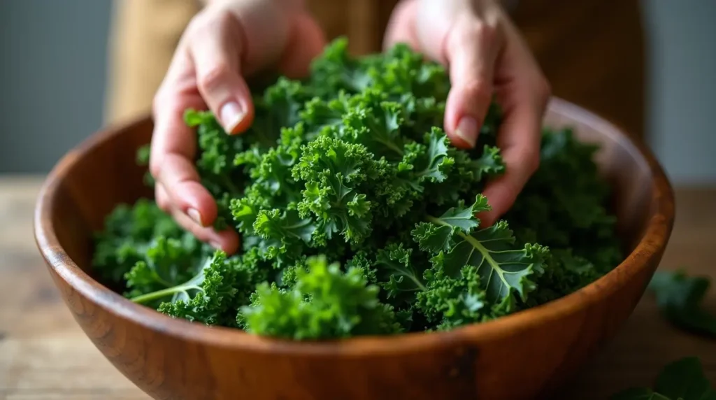 Hands massaging kale with olive oil and lemon juice