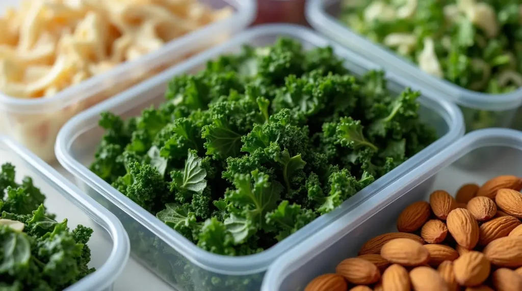 Kale crunch salad ingredients in containers