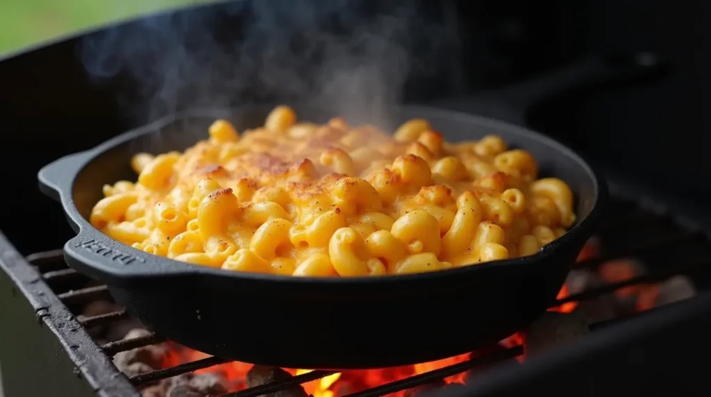 Smoked mac and cheese cooking in a smoker