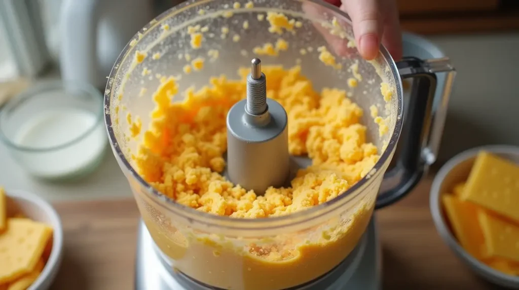 A food processor mixing sharp cheddar cheese