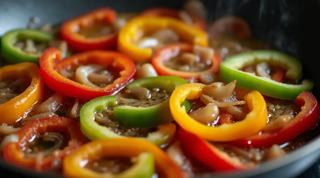 A skillet with sizzling bell peppers