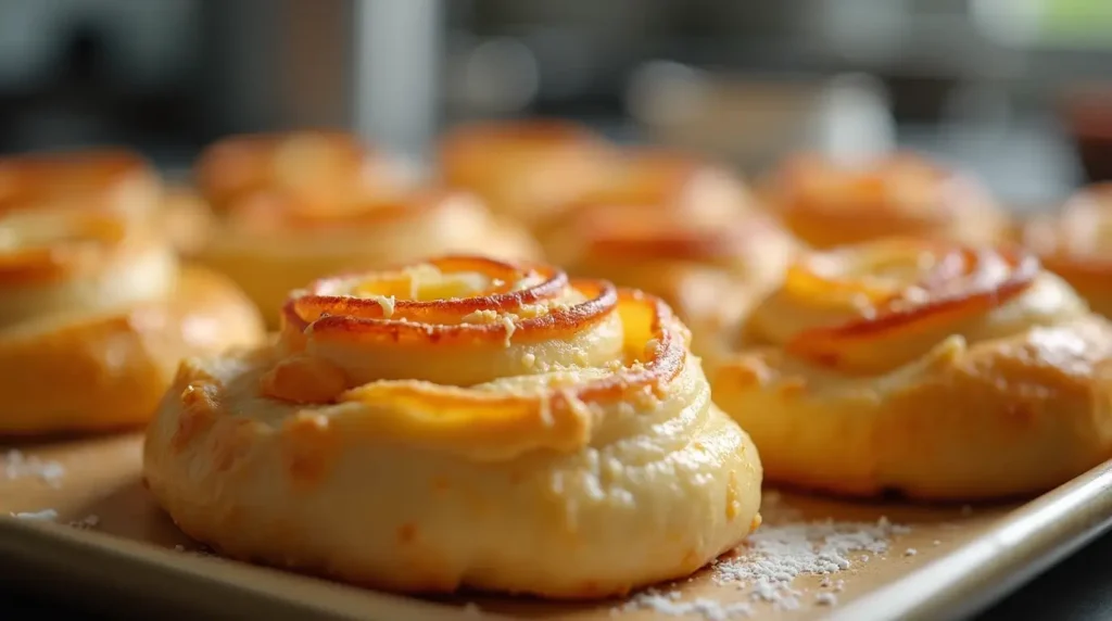 A close-up of golden, crispy puff pastry pinwheels filled