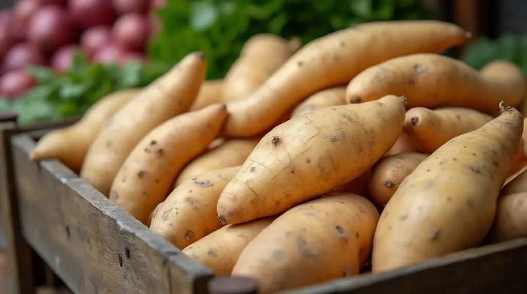 Fresh white sweet potatoes displayed at a market