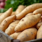 Fresh white sweet potatoes displayed at a market