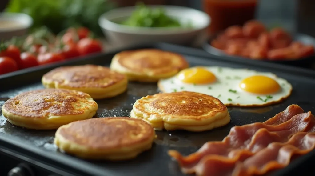 Step-by-step cooking process on a breakfast griddle