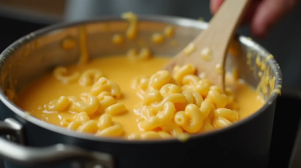 A person stirring the creamy cheese sauce for Chick-fil-A mac and cheese