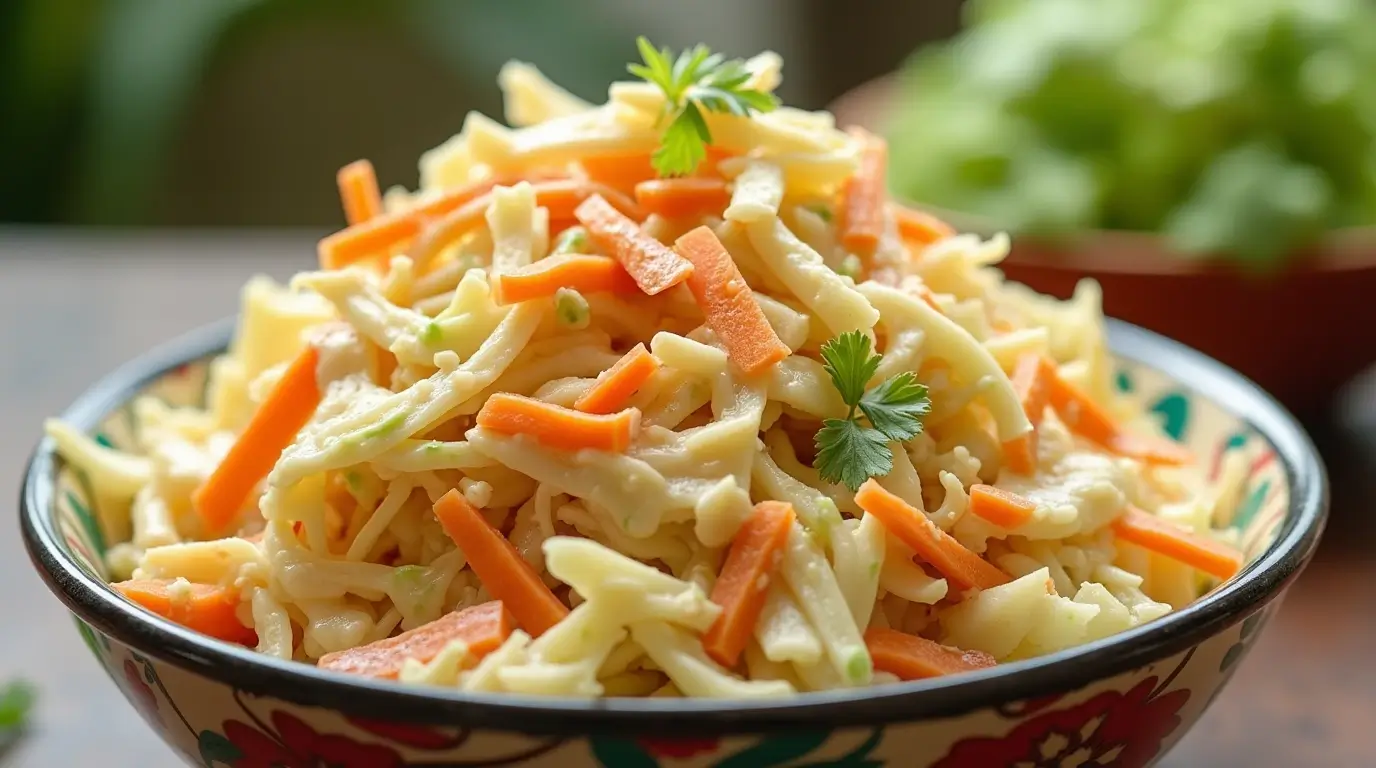 A bowl of creamy sweet coleslaw with shredded cabbage