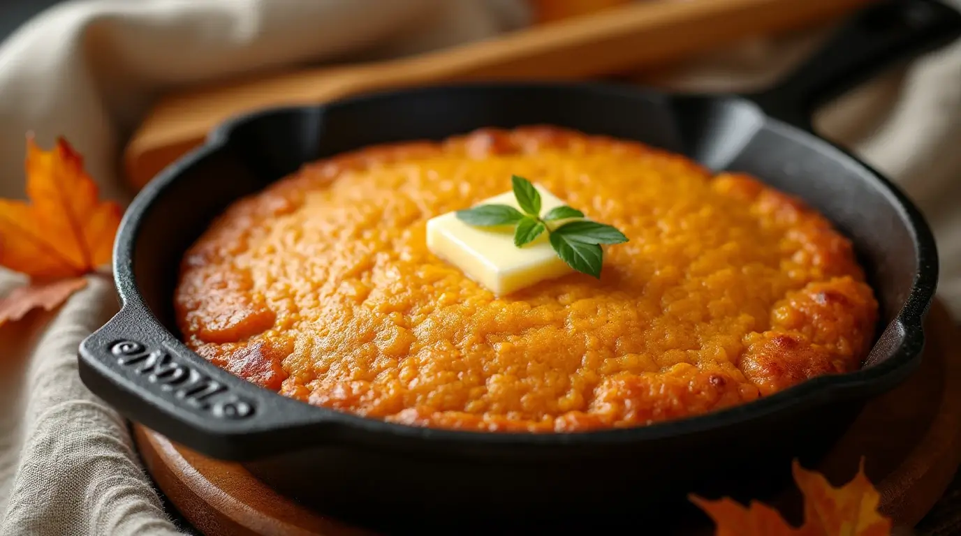 A warm and golden sweet potato cornbread baked