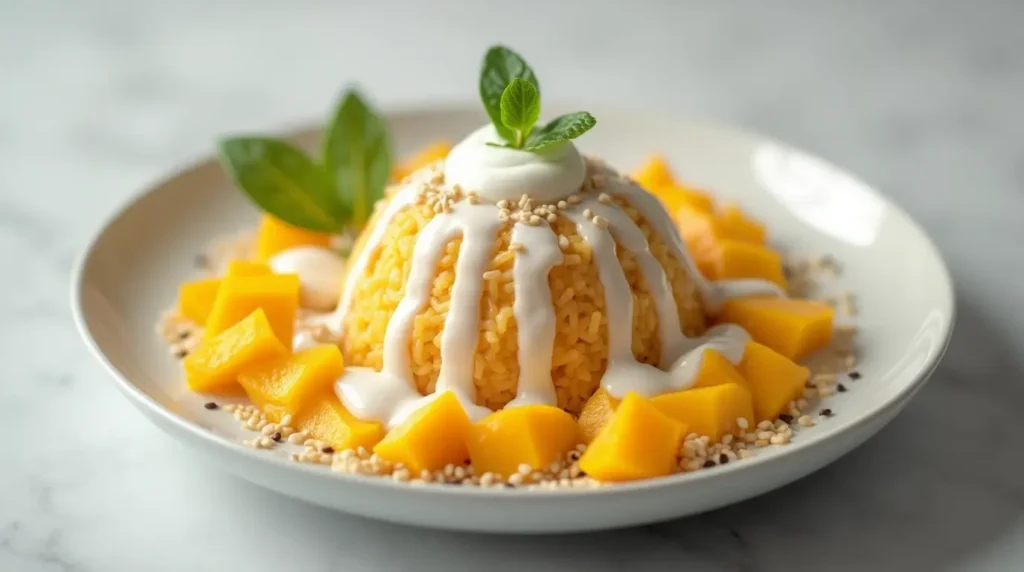 A plate of Thai mango sticky rice with fresh mango slices