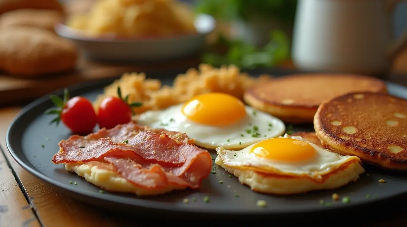 Delicious breakfast griddle meal with pancakes