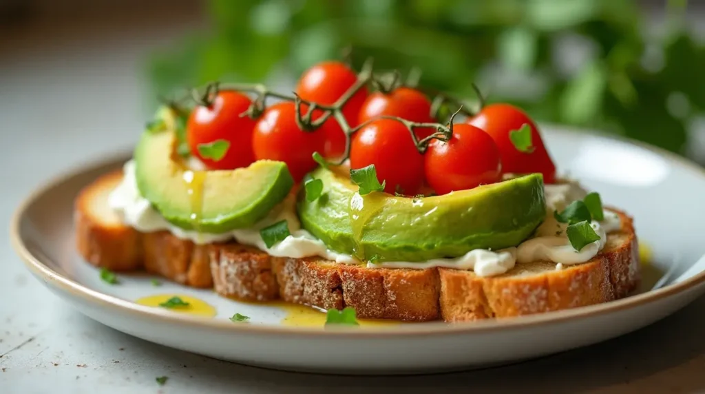 Cottage cheese bread toast topped with avocado